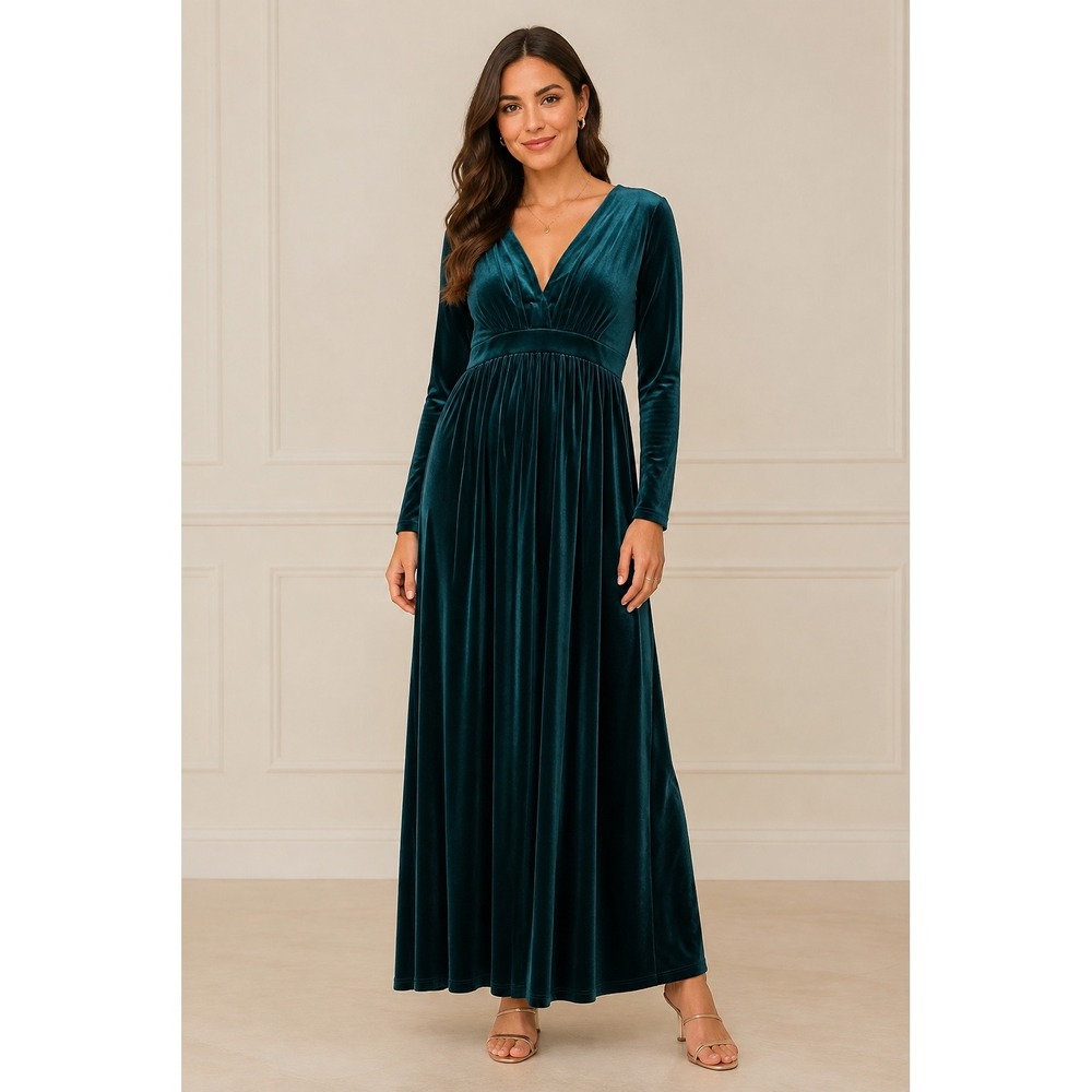 Oyrosy Boutique Emerald Green Velvet V-Neck Maxi Dress Old Money Large NWT
